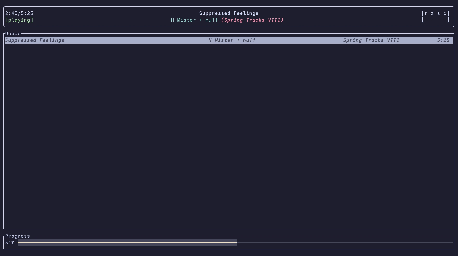 a terminal window with inori

playing Suppressed Feelings by nu11 and H_Mister from Spring Tracks VIII