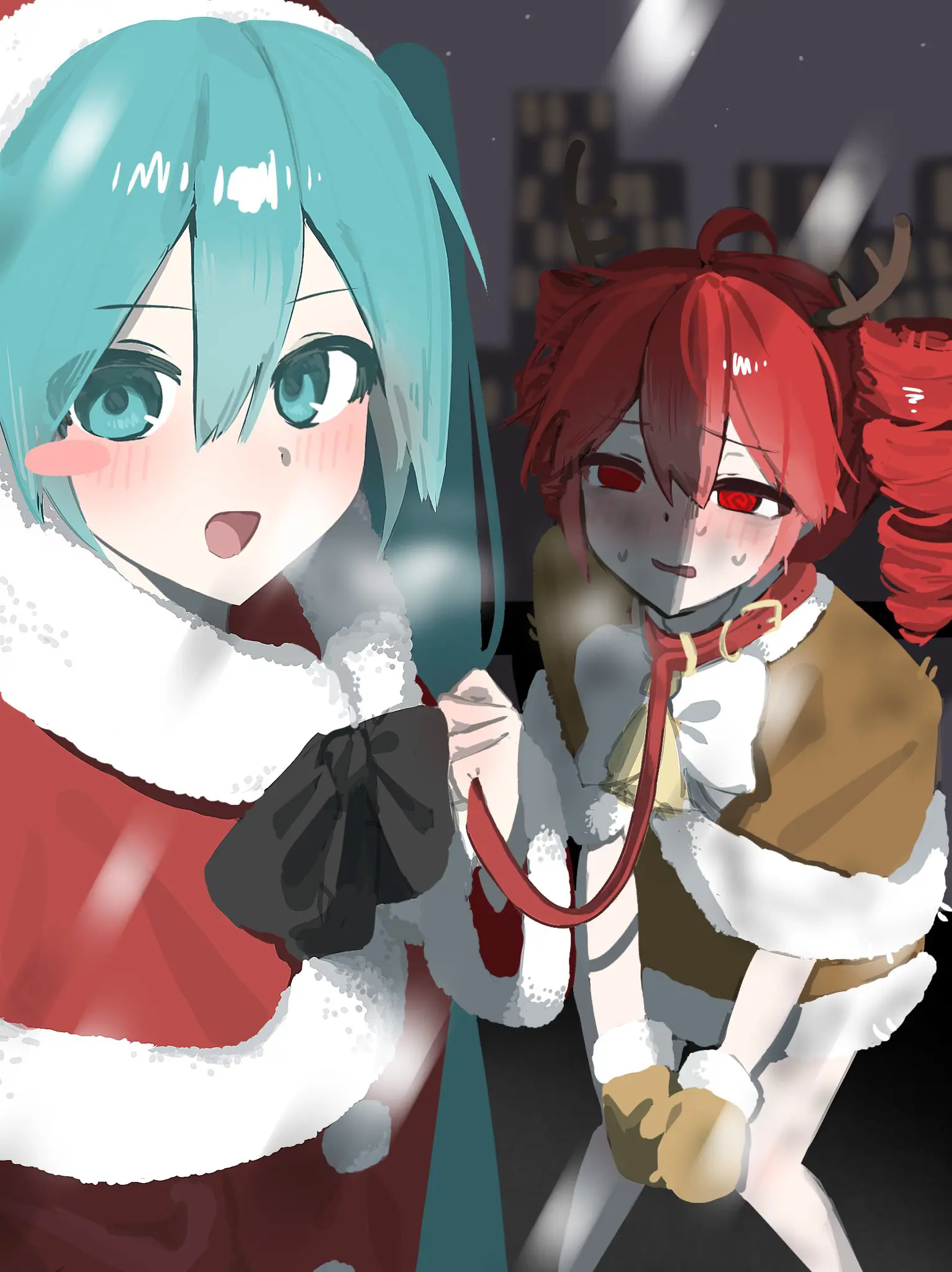 miku looking towards the camera wearing a red christmas dress and a santa hat, teto is wearing a similar but brown dress with gloves and reindeer antlers

teto is blushing hard and hunching over looking towards miku while wearing a collar and bell and is attached to a leash held by miku