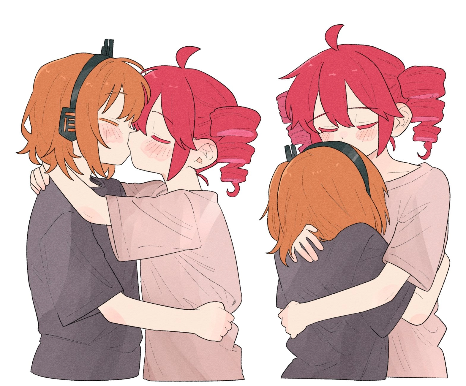 two scenes of rei and teto hugging and kissing

first scene
they're kissing each other
rei has her arms around teto's waist/torso
teto has her arms around rei's neck

second scene
teto is kissing rei's forehead and has her left arm around rei's right arm to her back. teto's right arm is around rei's neck