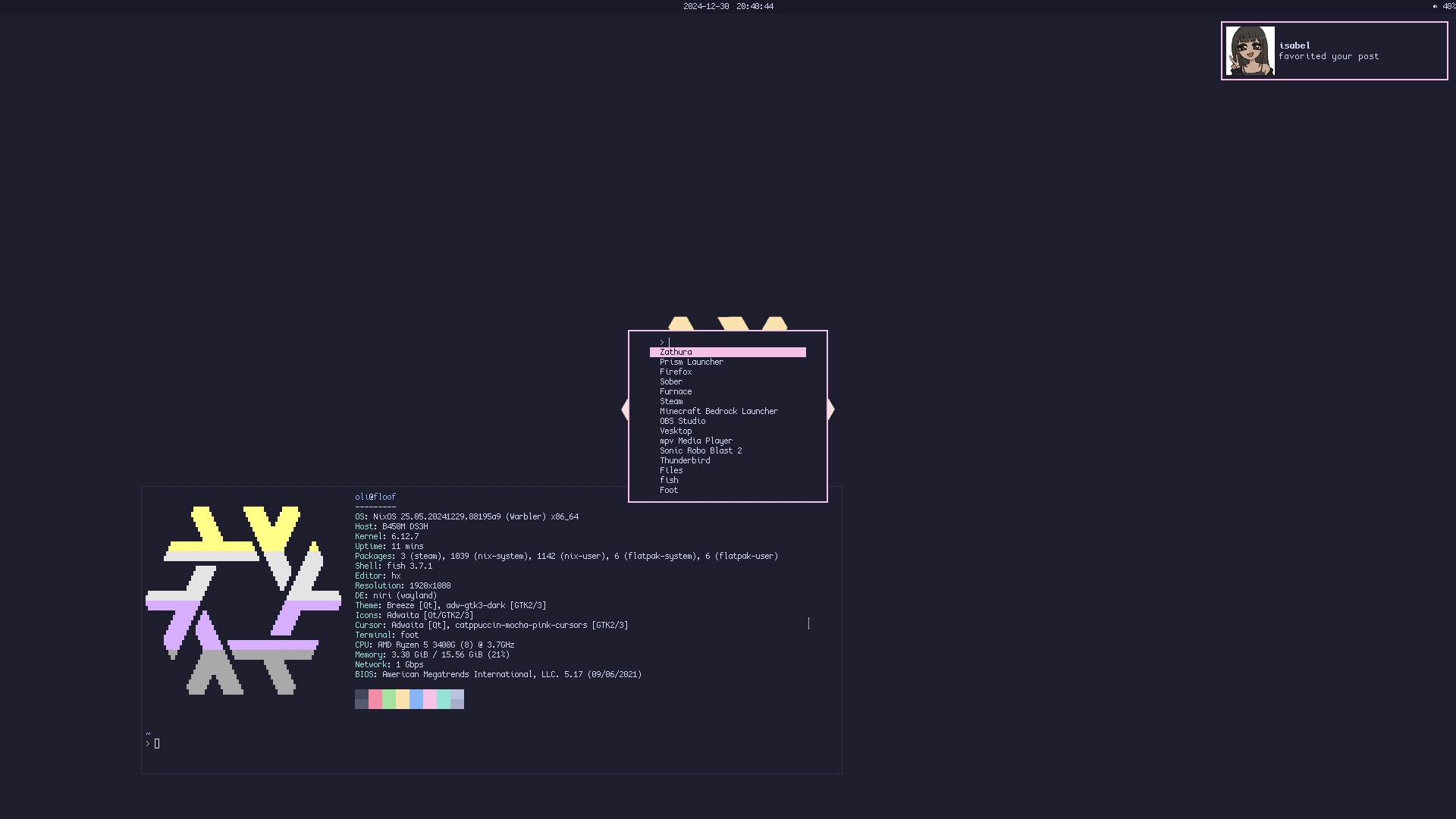 a screenshot of my desktop

yambar is at the top with a clock in the center and volume on the right

a foot window with hyfetch

a fedi notification via mako

and fuzzel, my launcher