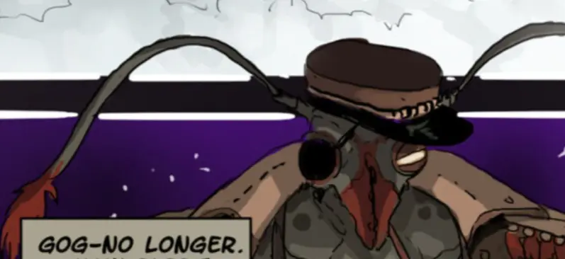 Screenshot of Kill 6 Billion Demons with a cropped textbox that reads: "Gog-no longer"