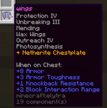 elytra merged with netherite chestplate

protection 4
unbreaking 3
mending
wax wings
outreach 4
photosynthesis