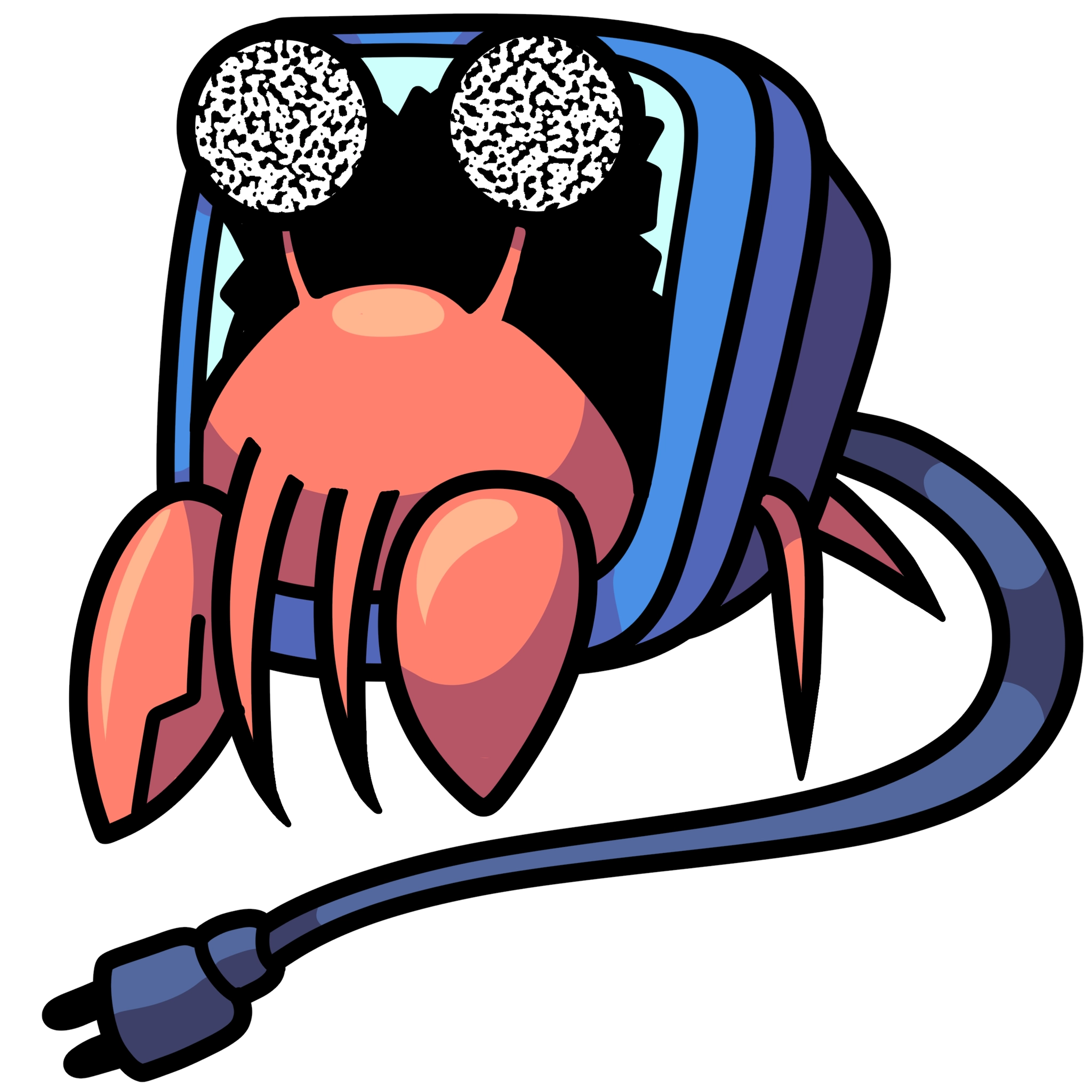 The HermitCollective logo/mascot!

It is a hermitcrab breaking out of a CRT screen which it uses as a shell.

It's eyes are white tv static.