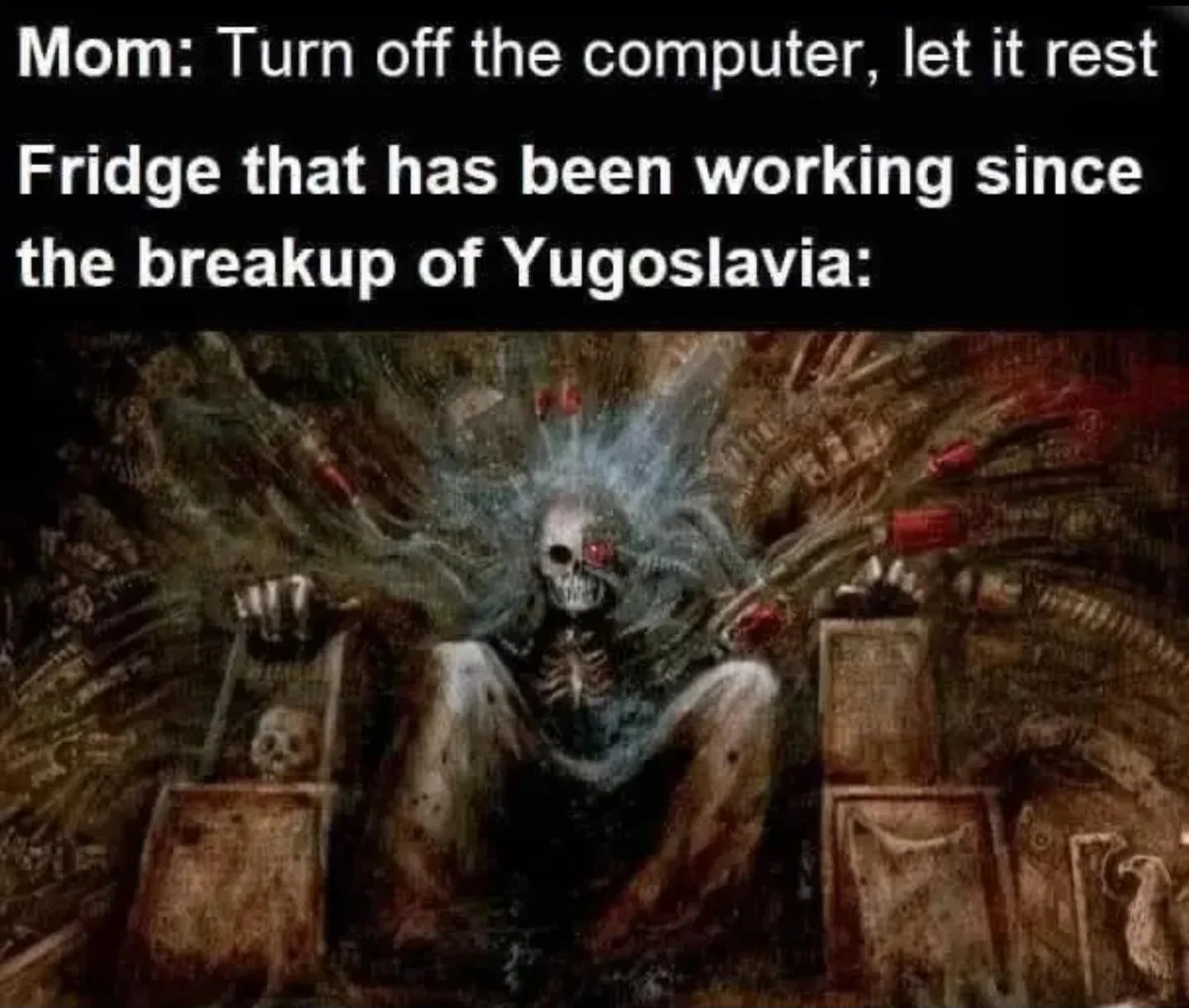 This image depicts a meme featuring the caption, “Mom: Turn off the computer, let it rest.” “Fridge that has been working since the breakup of Yugoslavia:” It is followed by an image portraying the current state of the God Emperor in stasis recovery.