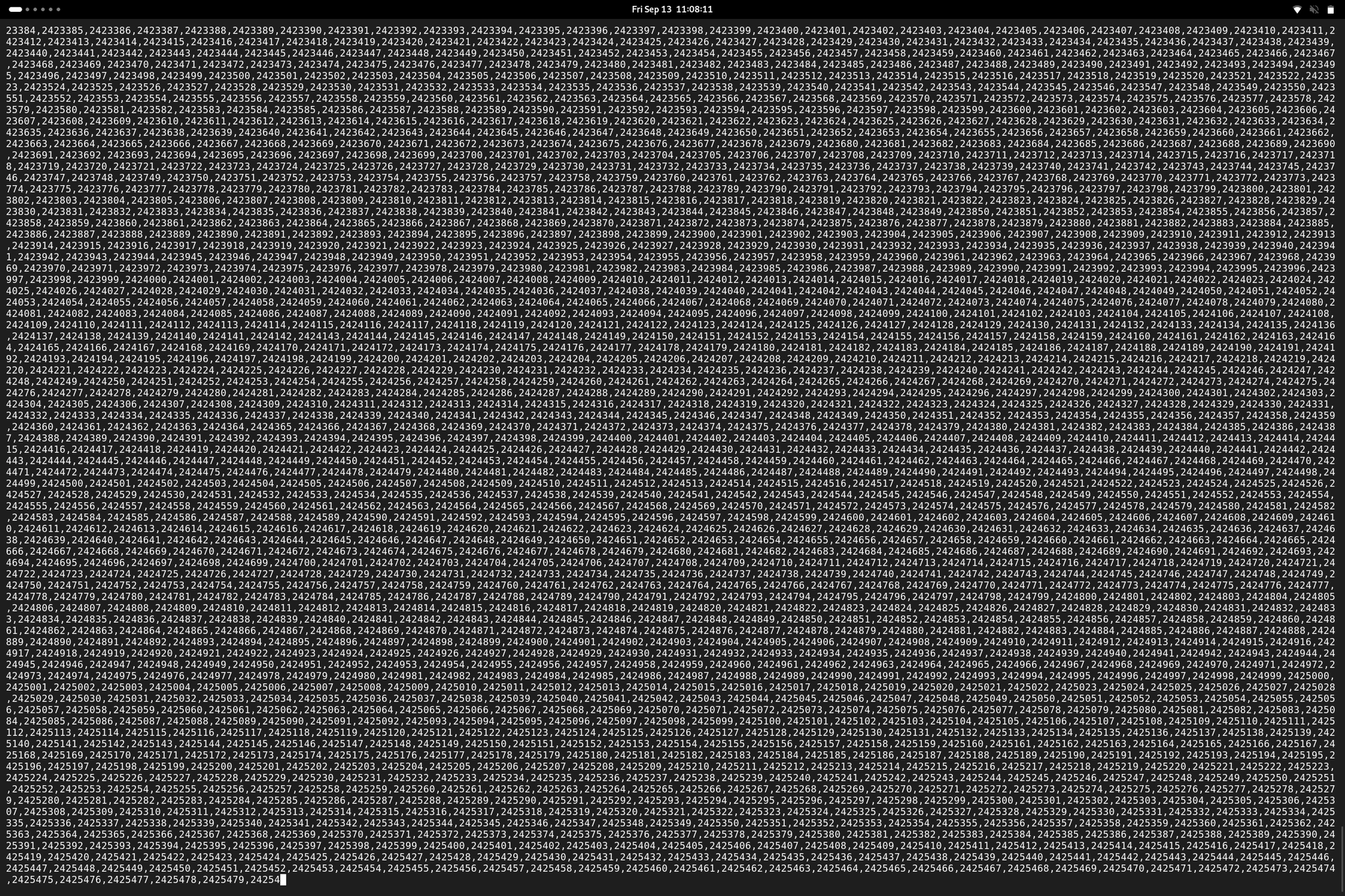 a gnome screenshot with a terminal filled with numbers