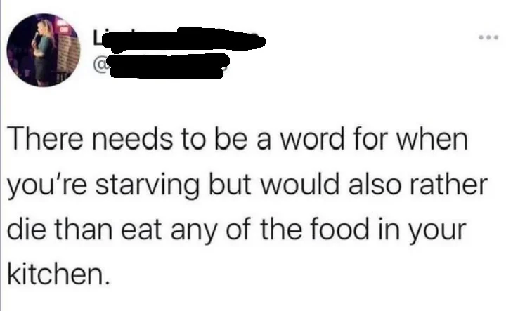 A tweet saying: "There needs to be a word for when you're starving but would also rather die than eat any of the food in your kitchen."