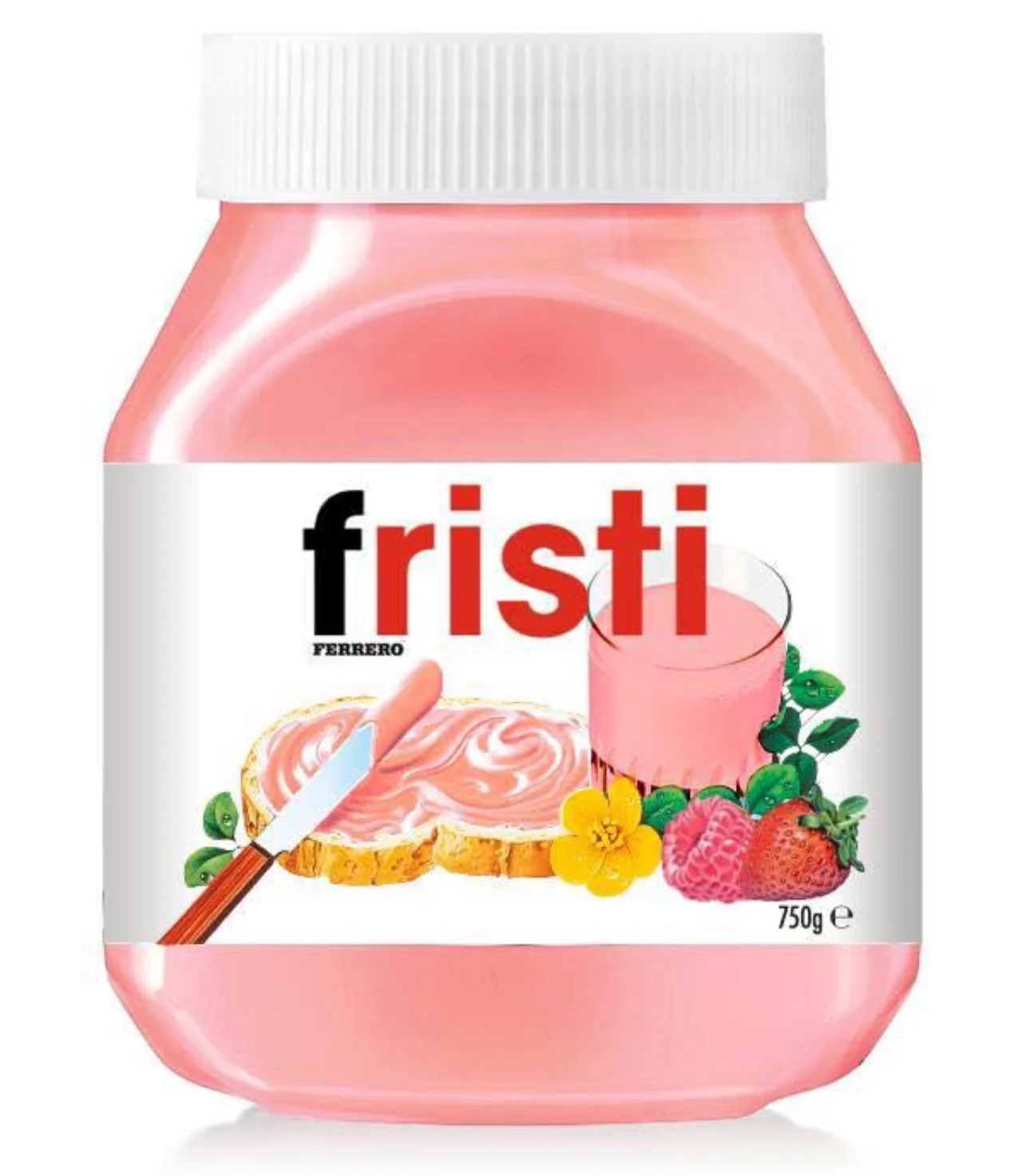 a jar of nutella, but its pink. the jar says "fristi" in the same graphic design as nutella label.

strawberry nutella.